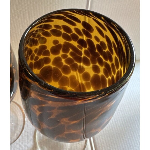Tortoise Shell Water/Wine Glasses Hand Blown Set of 3 Amber Leopard Heavy 8.75” - Picture 4 of 5